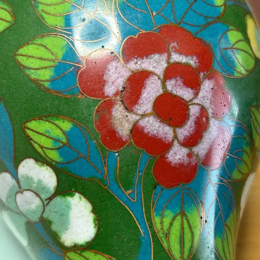 Antique Chinese Cloisonne Enamel Green Floral Vase Republic Period 1890s 1920s